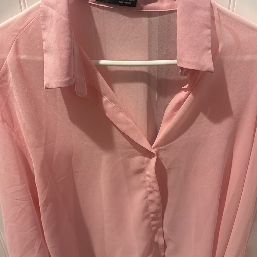 Sheen brand size, large bright, pink button up sheer blouse